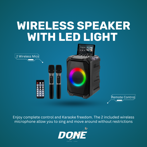 Portable Wireless Party Speaker With LED Light & 2 Wireless Mics - Remote Control