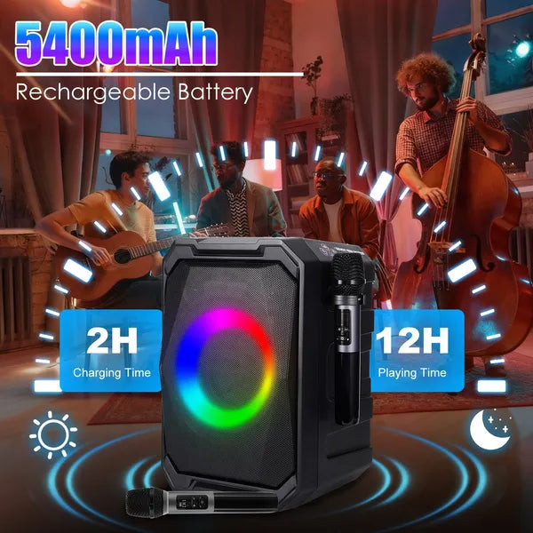 Portable Wireless Party Speaker With LED Light & 2 Wireless Mics - Remote Control