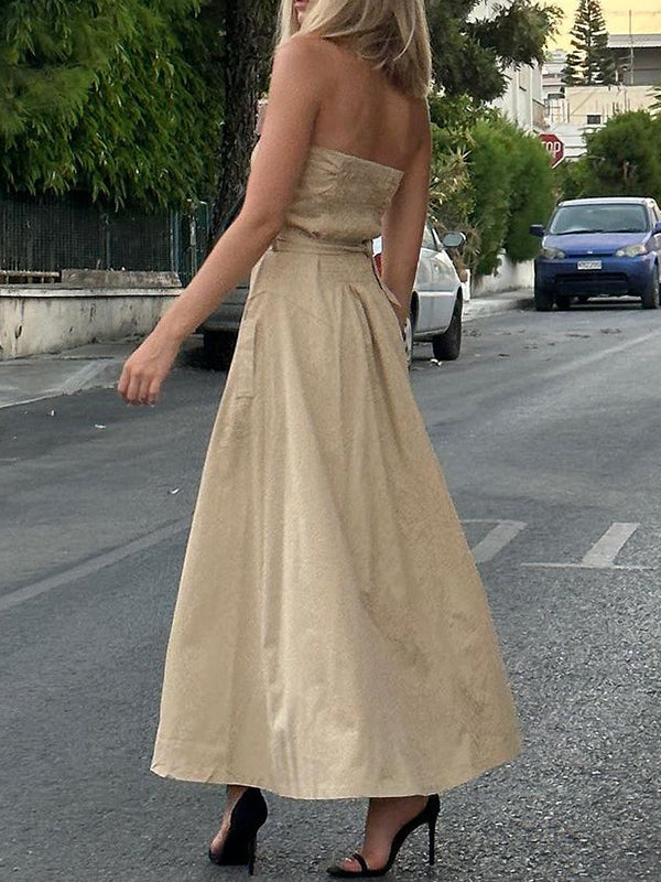 A-Line Loose Belted Buttoned Tube Maxi Dresses