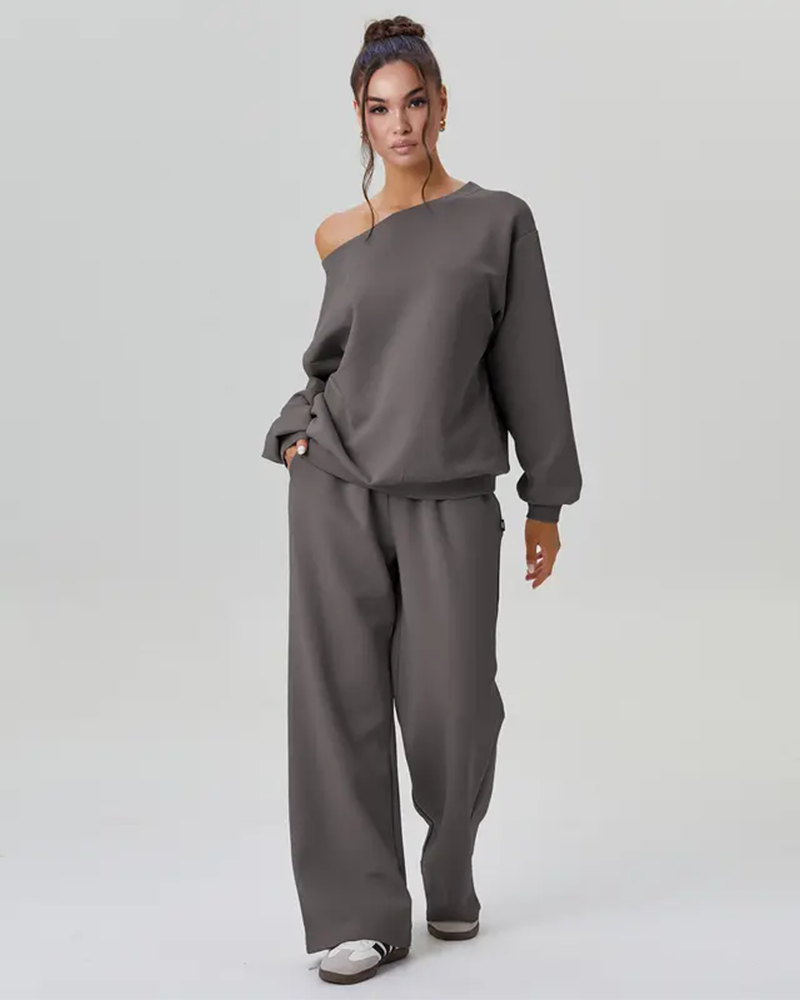 Women's Sloping Shoulder Long Sleeve Top & Wide Leg Pants Set
