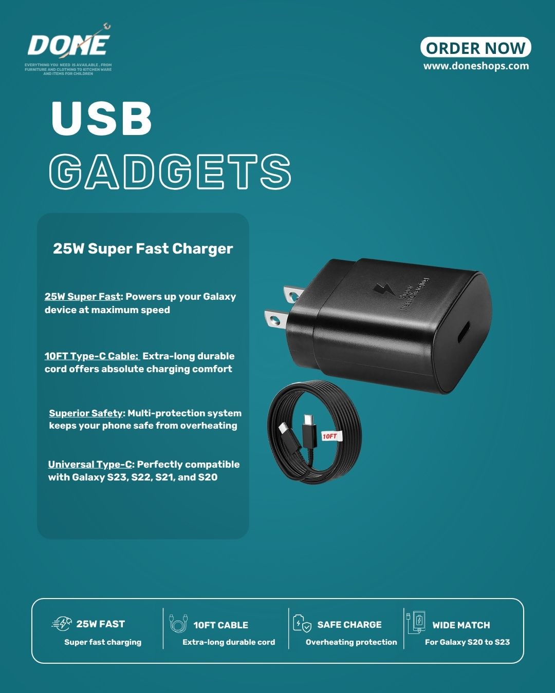 25W USB-C Super Fast Wall Charger with 10FT Cable