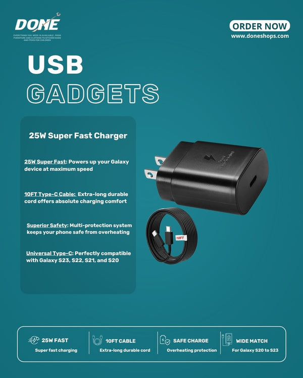 25w Super Fast Charger Type USB-C 10FT Cable For Galaxy S23 S22 S21 S20