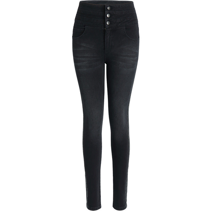 Women's Pants Autumn Multi-breasted Metal Embroidery High Waist Stretch Skinny Jeans Women's 0377