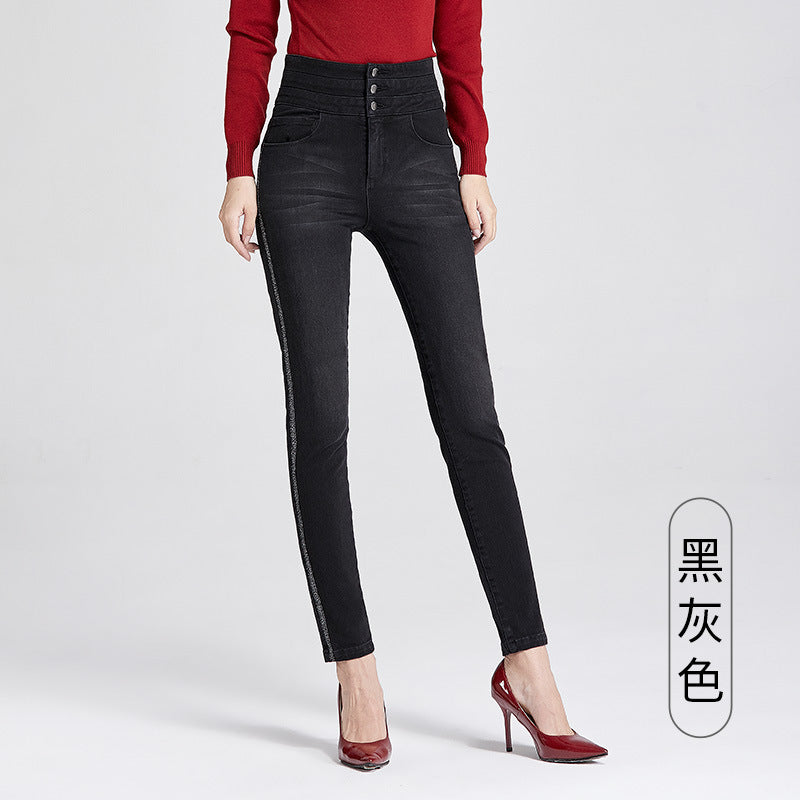 Women's Pants Autumn Multi-breasted Metal Embroidery High Waist Stretch Skinny Jeans Women's 0377