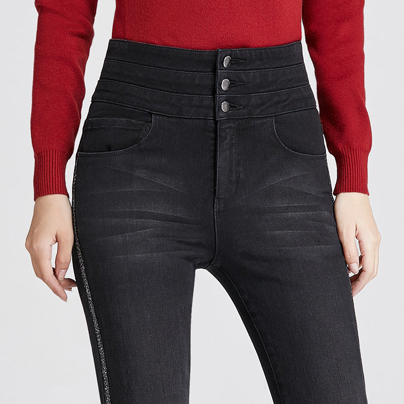 Women's Pants Autumn Multi-breasted Metal Embroidery High Waist Stretch Skinny Jeans Women's 0377