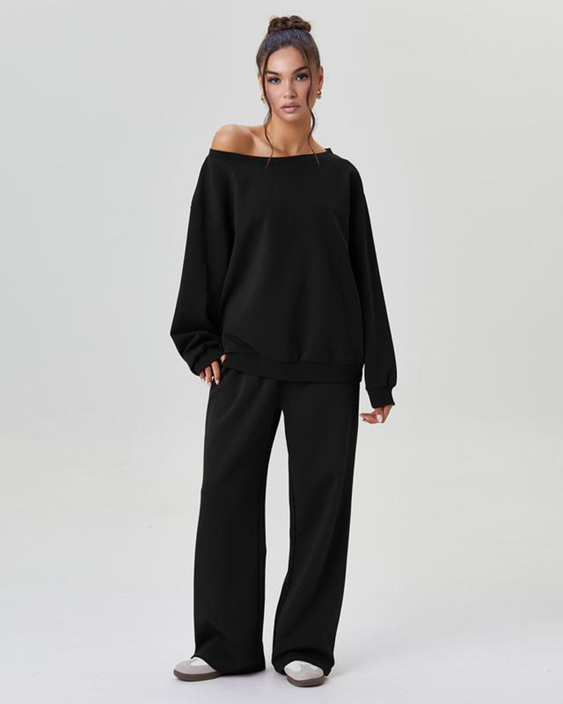 Women's Sloping Shoulder Long Sleeve Top & Wide Leg Pants Set