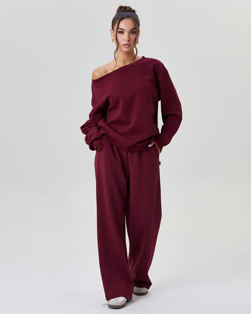 Women's Sloping Shoulder Long Sleeve Top & Wide Leg Pants Set