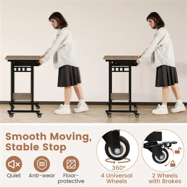 Gray Mobile Computer Desk With Keyboard Tray & Storage Shelf, 360 Lockable Casters For Home Office