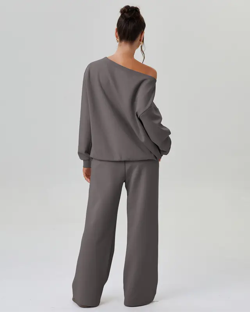 Women's Sloping Shoulder Long Sleeve Top & Wide Leg Pants Set