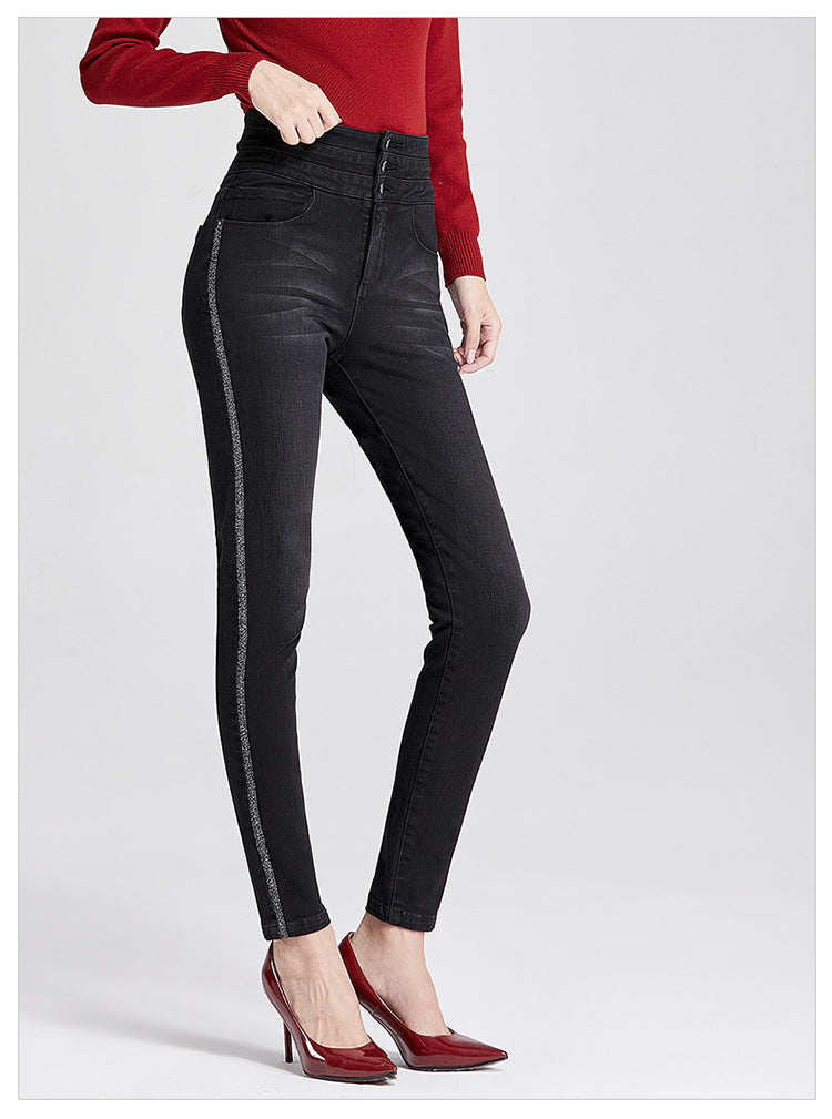 Women's Pants Autumn Multi-breasted Metal Embroidery High Waist Stretch Skinny Jeans Women's 0377