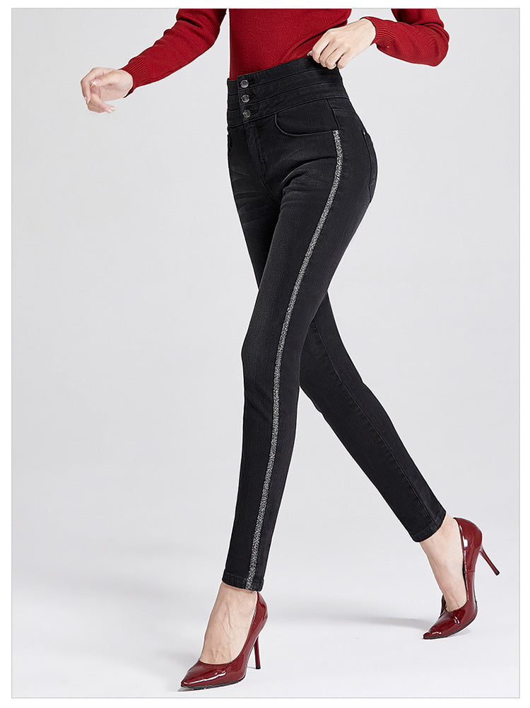 Women's Pants Autumn Multi-breasted Metal Embroidery High Waist Stretch Skinny Jeans Women's 0377