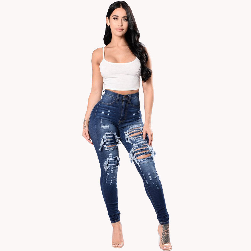 European and American Wish Aliexpress Amazon Ebay Ripped Denim Pencil Pants Women's Export Export Pants Special Promotion