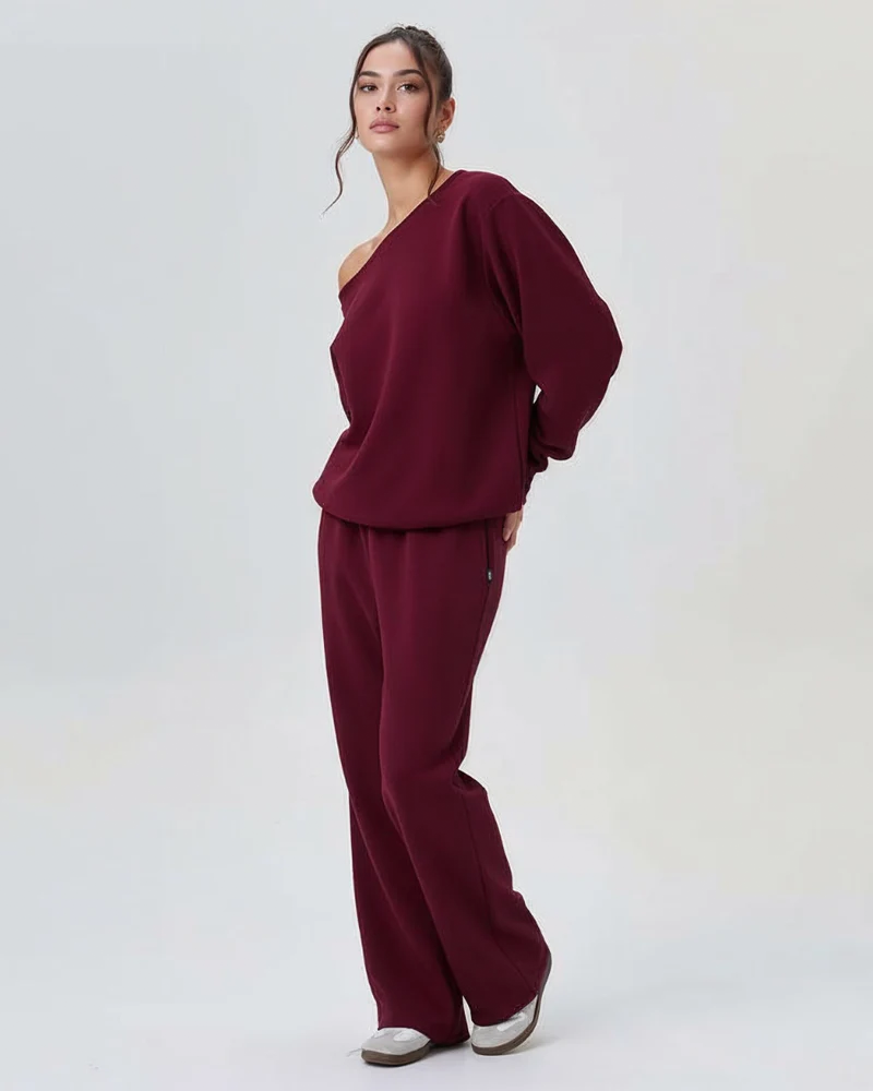 Women's Sloping Shoulder Long Sleeve Top & Wide Leg Pants Set