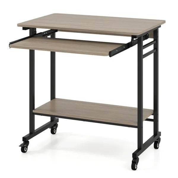 Gray Mobile Computer Desk With Keyboard Tray & Storage Shelf, 360 Lockable Casters For Home Office