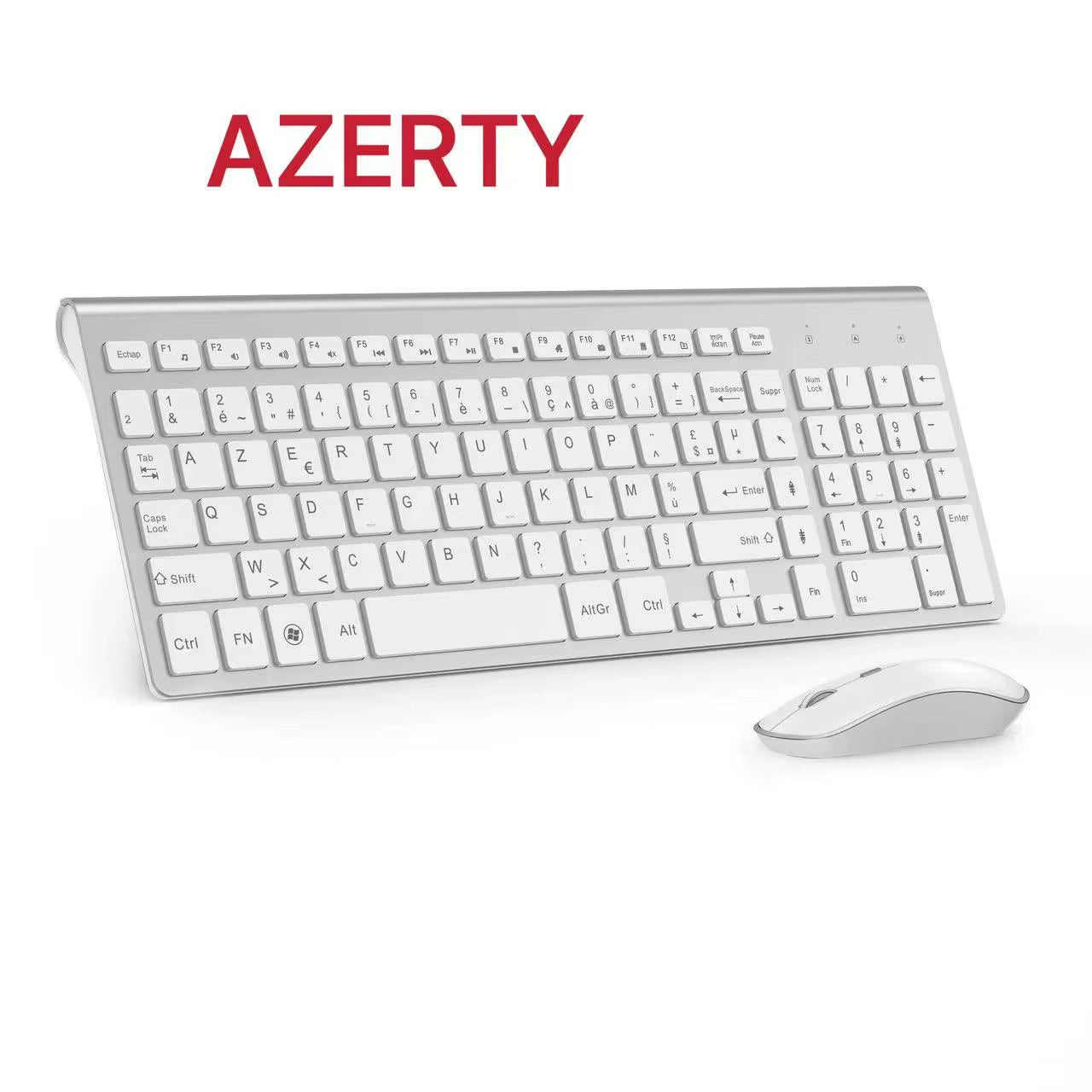 French Keyboard Wireless 2400DPI Mouse 2.4Ghz Ultra-Slim AZERTY Keyboard Mouse Set, Portable Silent Ergonomic- Pink/Silver
