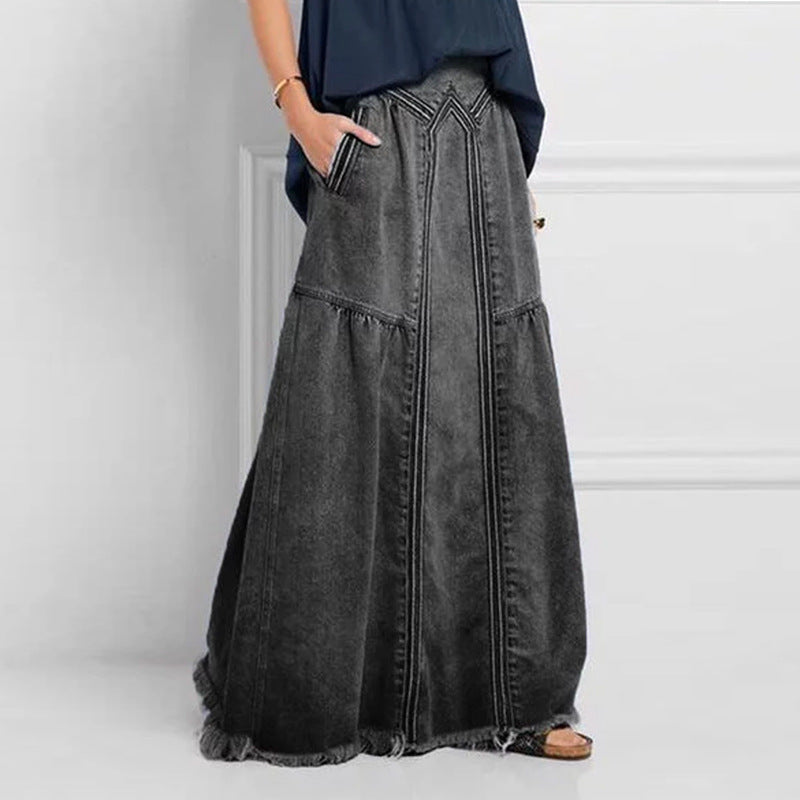 European and American Cross-Border Women's Autumn and Winter Denim A-Line Skirt Bundled with Brushed Elastic High Waist Simple Versatile Long Skirt
