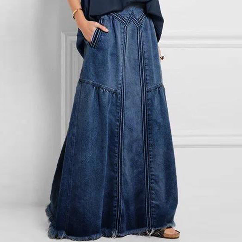 European and American Cross-Border Women's Autumn and Winter Denim A-Line Skirt Bundled with Brushed Elastic High Waist Simple Versatile Long Skirt