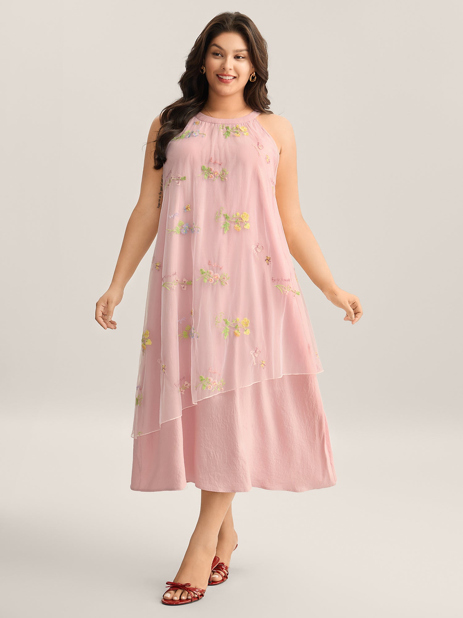 Embroidered Mesh Halter Neck Midi Dress