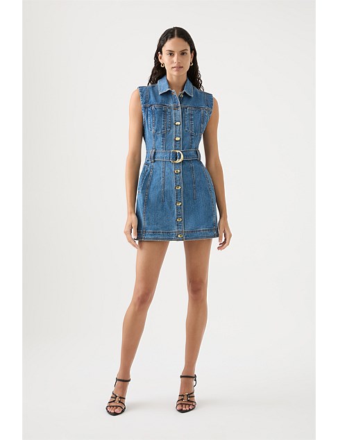 Aje Darcie Women's Blue Denim Removable Belt Slim Fit  Button Detail Collared Short Cap Sleeve Mini Shirt Dress