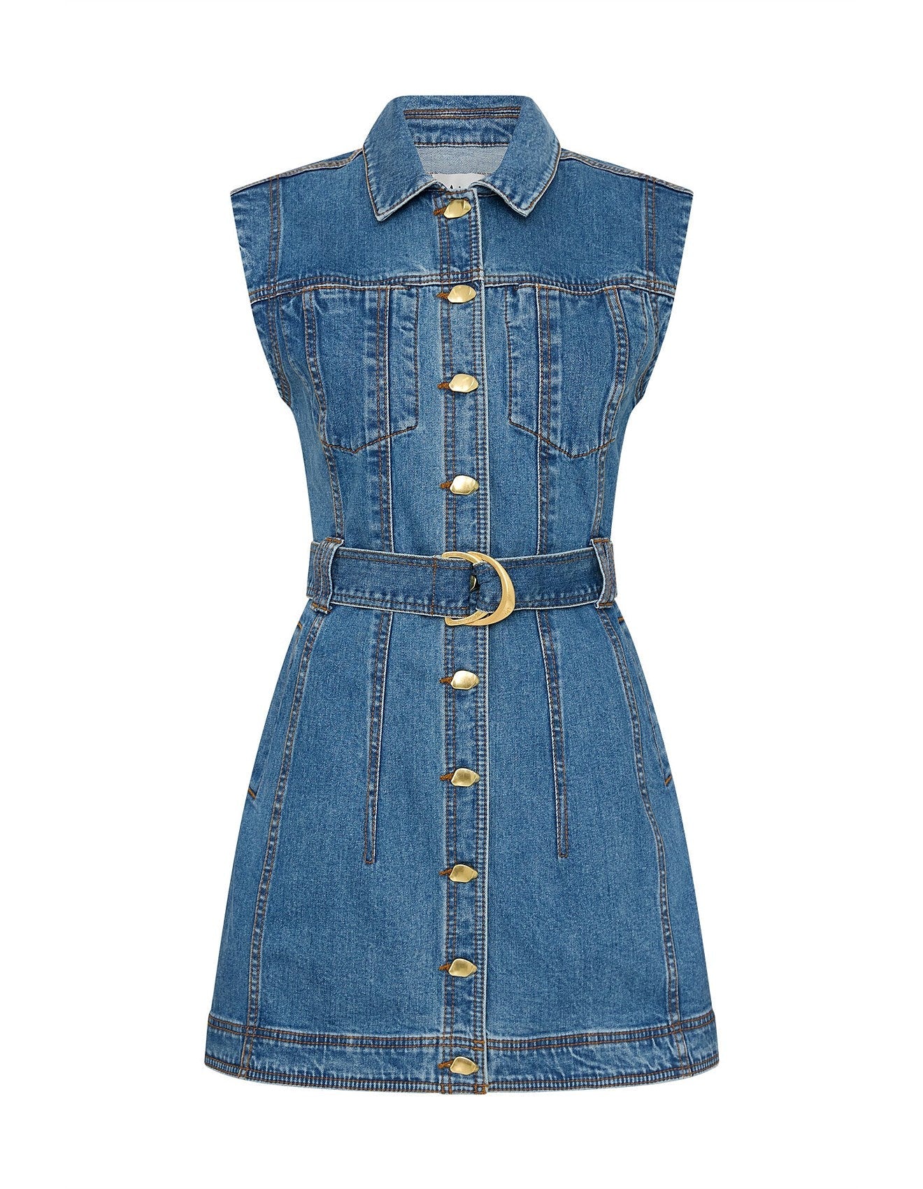 Aje Darcie Women's Blue Denim Removable Belt Slim Fit  Button Detail Collared Short Cap Sleeve Mini Shirt Dress