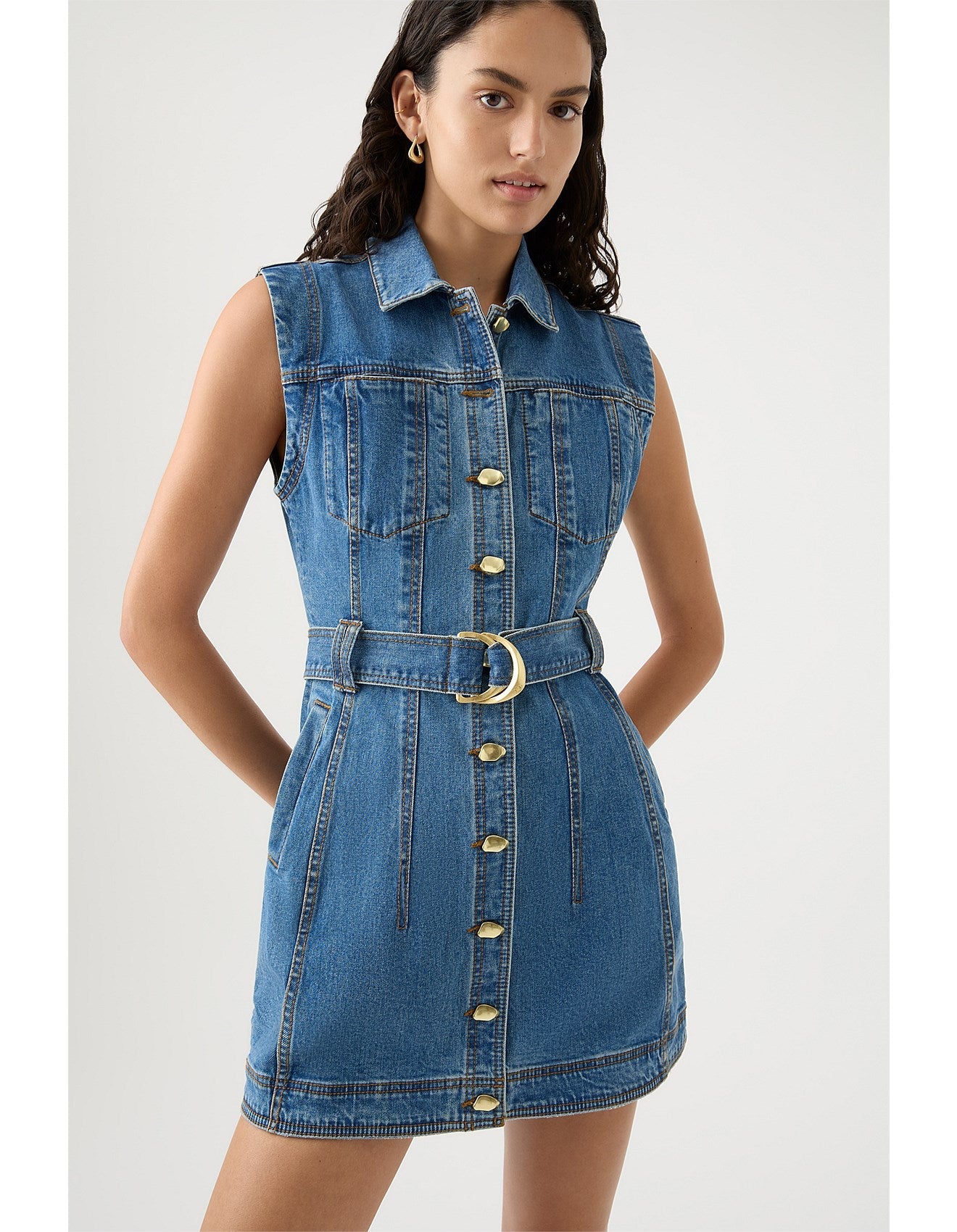 Aje Darcie Women's Blue Denim Removable Belt Slim Fit  Button Detail Collared Short Cap Sleeve Mini Shirt Dress