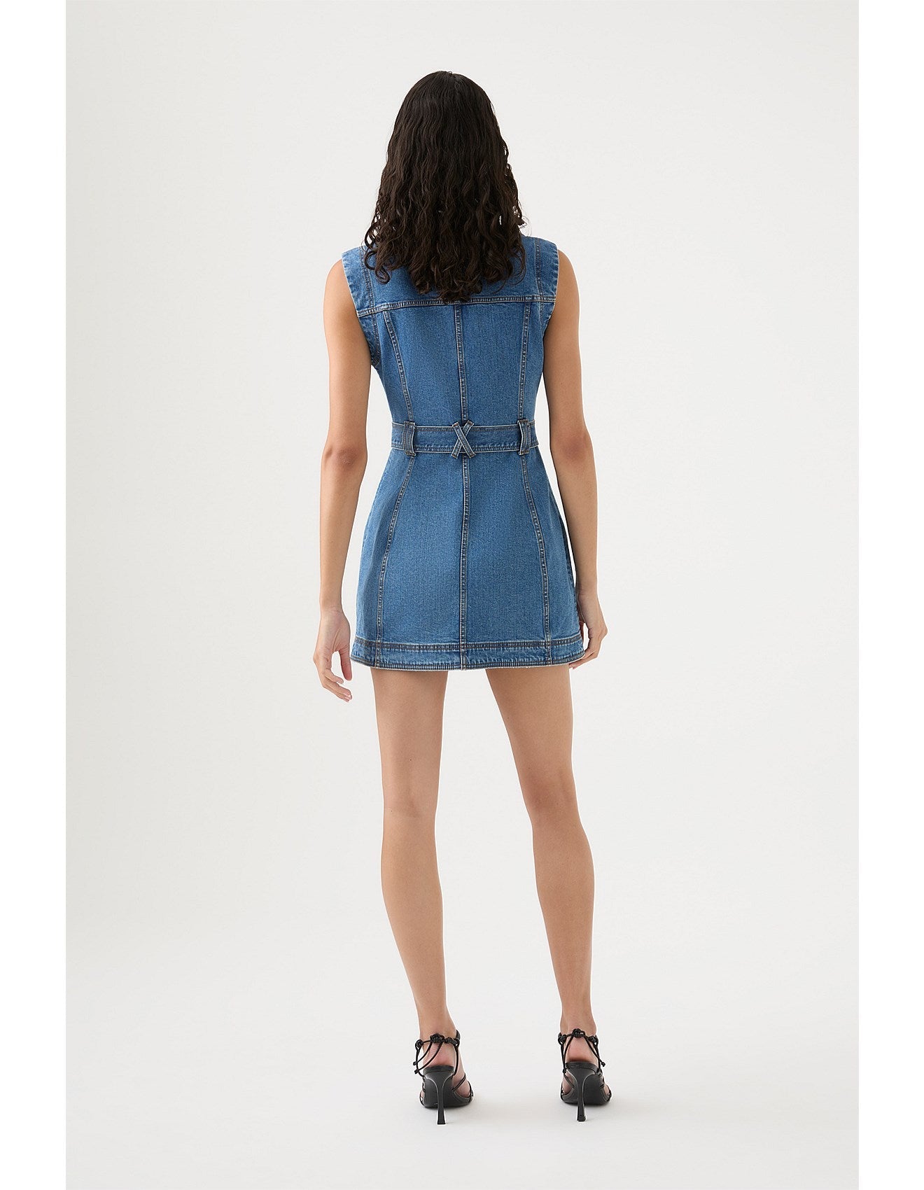 Aje Darcie Women's Blue Denim Removable Belt Slim Fit  Button Detail Collared Short Cap Sleeve Mini Shirt Dress