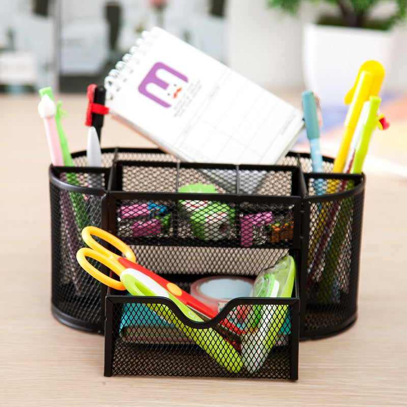 Iron Color Classic Iron Mesh Office Desktop Storage Box Metal Nine-Grid Pen Container Stationery Pen Organize Storage Box