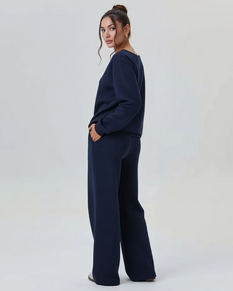 Women's Sloping Shoulder Long Sleeve Top & Wide Leg Pants Set