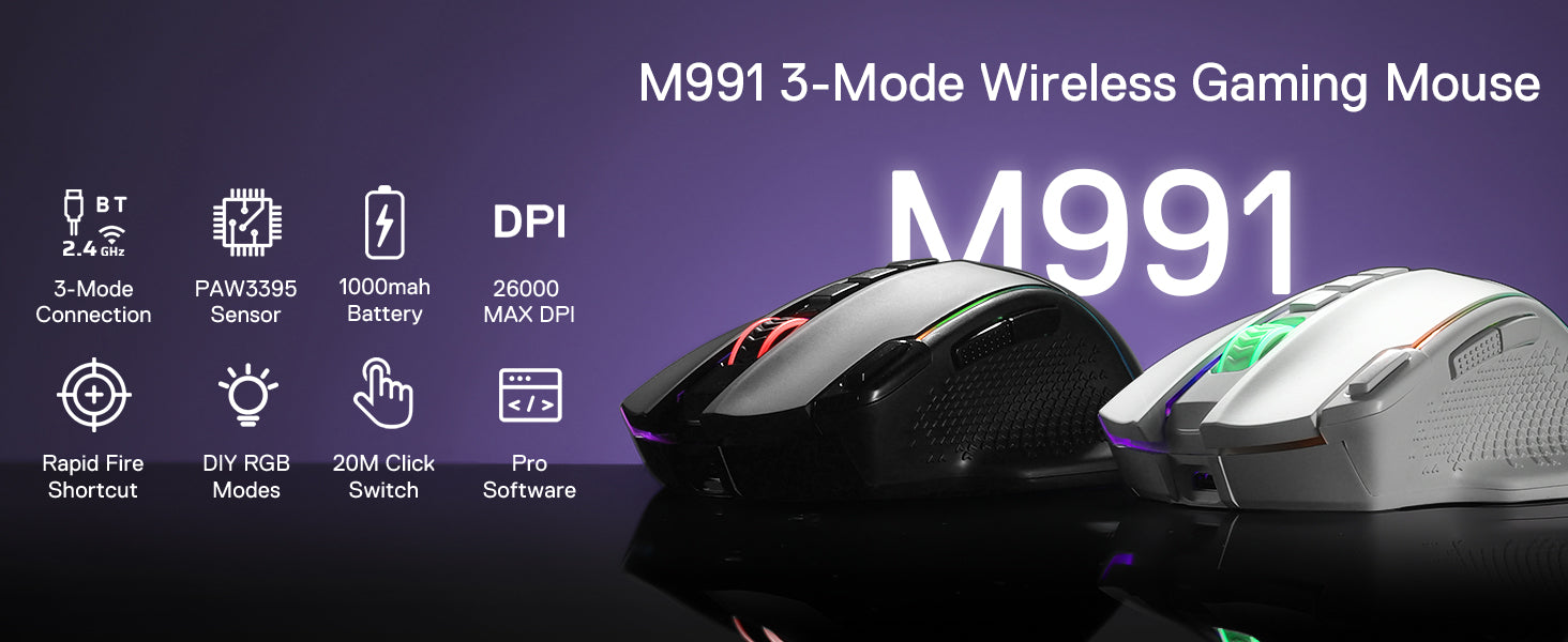 Redragon M991 Wireless Gaming Mouse 26000 DPI 9 Macro Buttons RGB