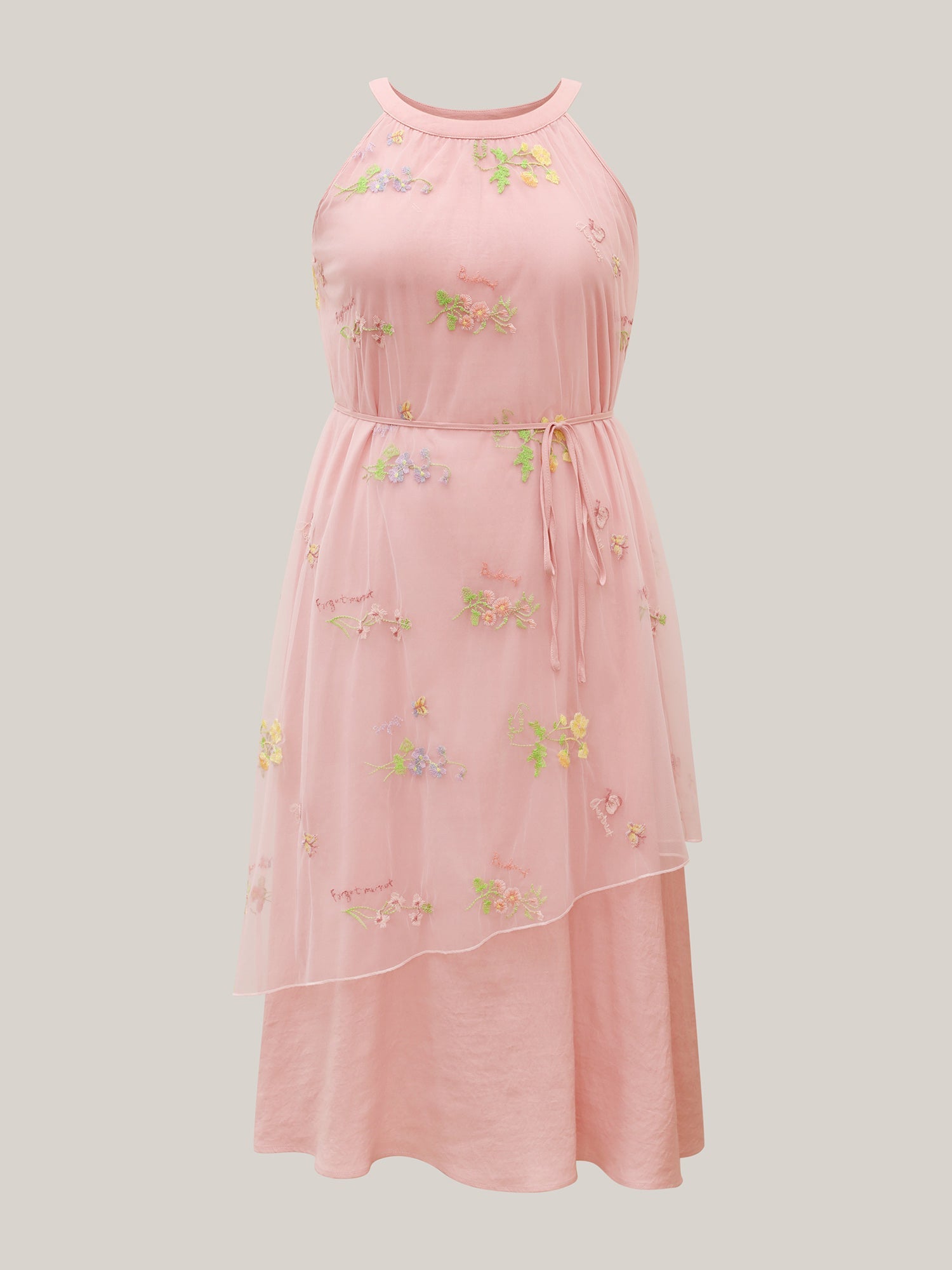 Embroidered Mesh Halter Neck Midi Dress