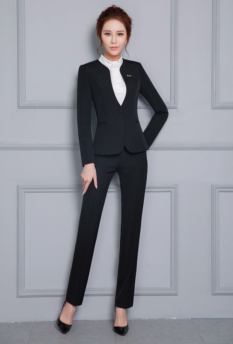 Autumn Wrinkle-Free Business Attire Women's Suit Long-Sleeved Ol Stand-Up Collar Suit Pants Hotel Sales Front Desk Work Uniform