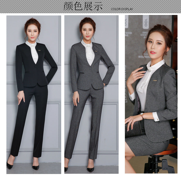 Autumn Wrinkle-Free Business Attire Women's Suit Long-Sleeved Ol Stand-Up Collar Suit Pants Hotel Sales Front Desk Work Uniform