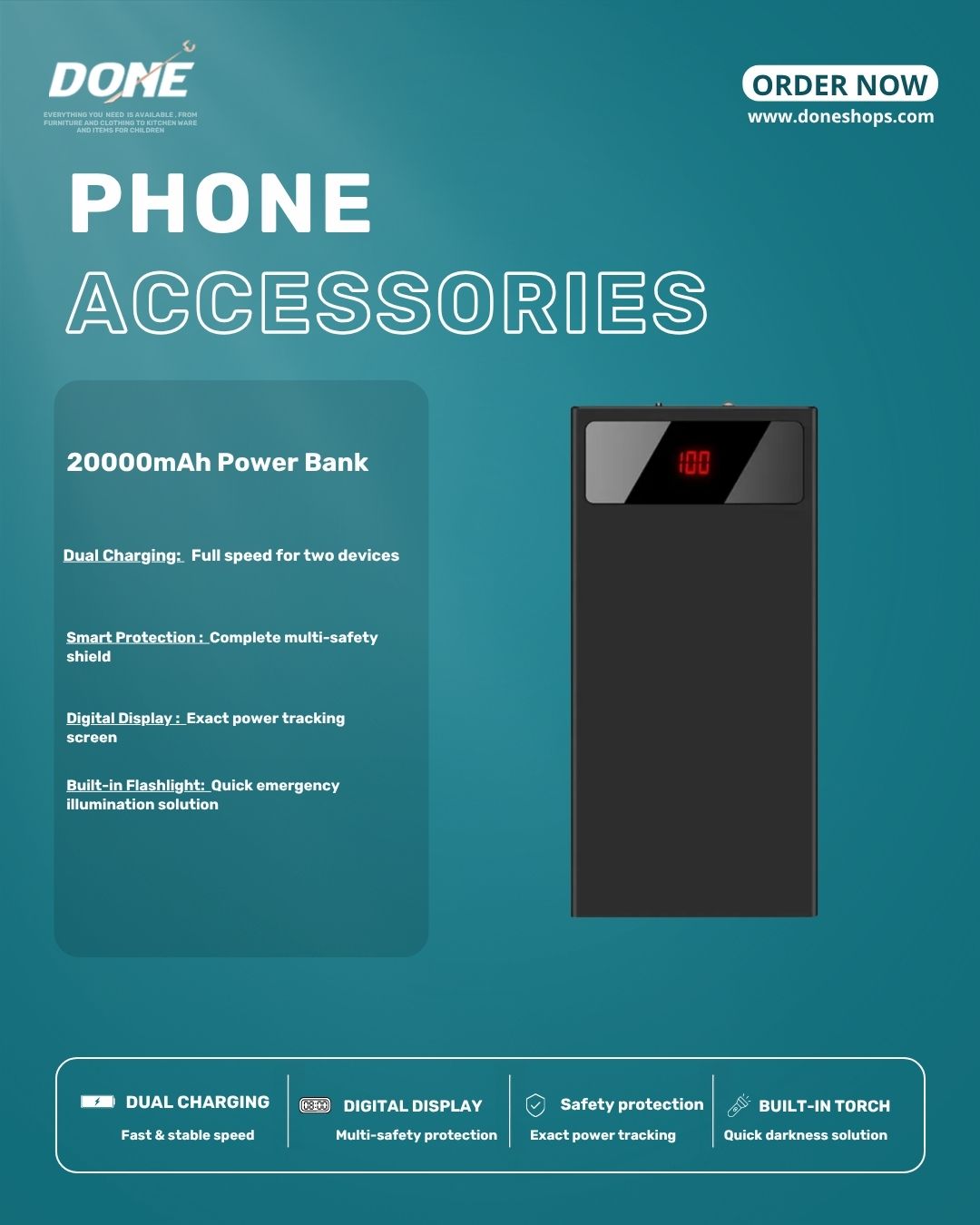 20000mAh Power Bank Ultra Thin External Battery Pack Phone Charger Dual USB Flashlight Battery Remain Display