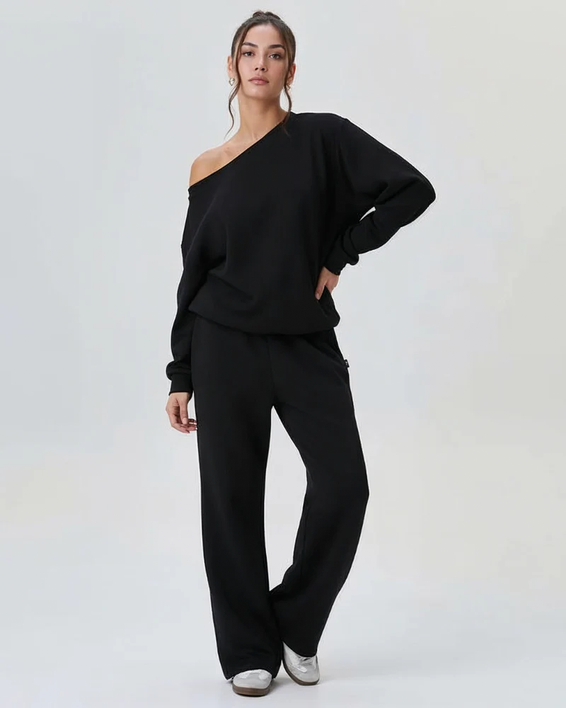 Women's Sloping Shoulder Long Sleeve Top & Wide Leg Pants Set
