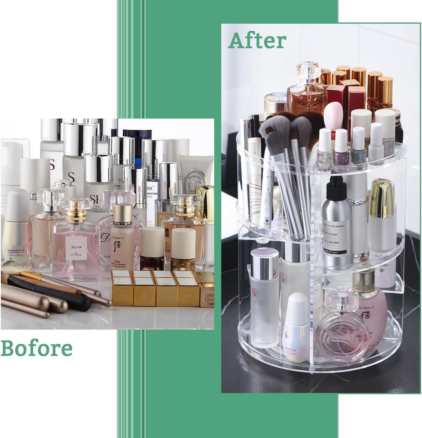 Behome 360 Rotation Makeup Organizer, Adjustable Shelf Height and Fully Rotatable, Cosmetic Holder Shelf, Make Up Organizers and Storage for Bedroom, Transparent