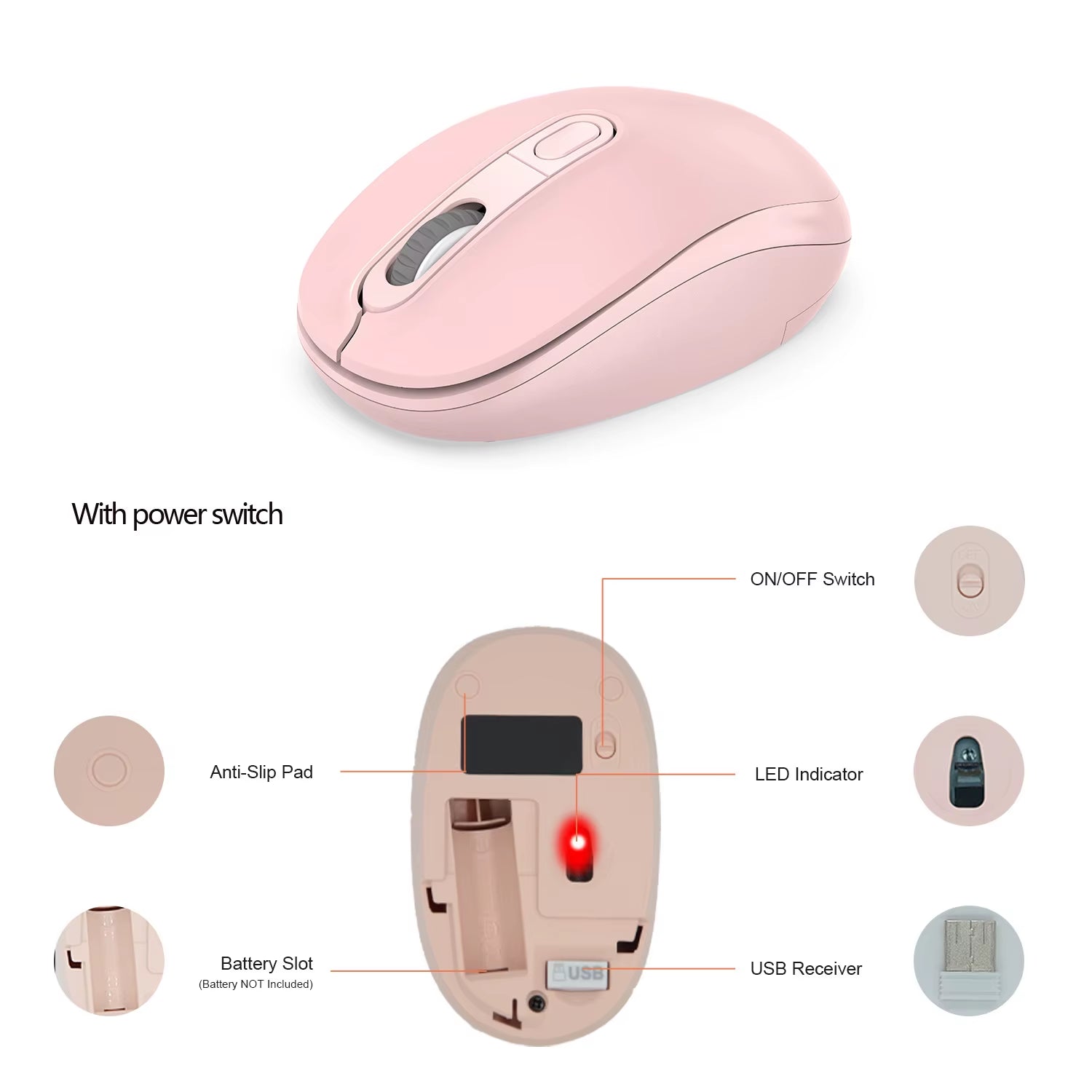 USB Wireless Silent Mouse Computer Mouse 1600DPI Adjustable Ergonomic Optical Mouse Wireless Mouse for Mac PC Laptop