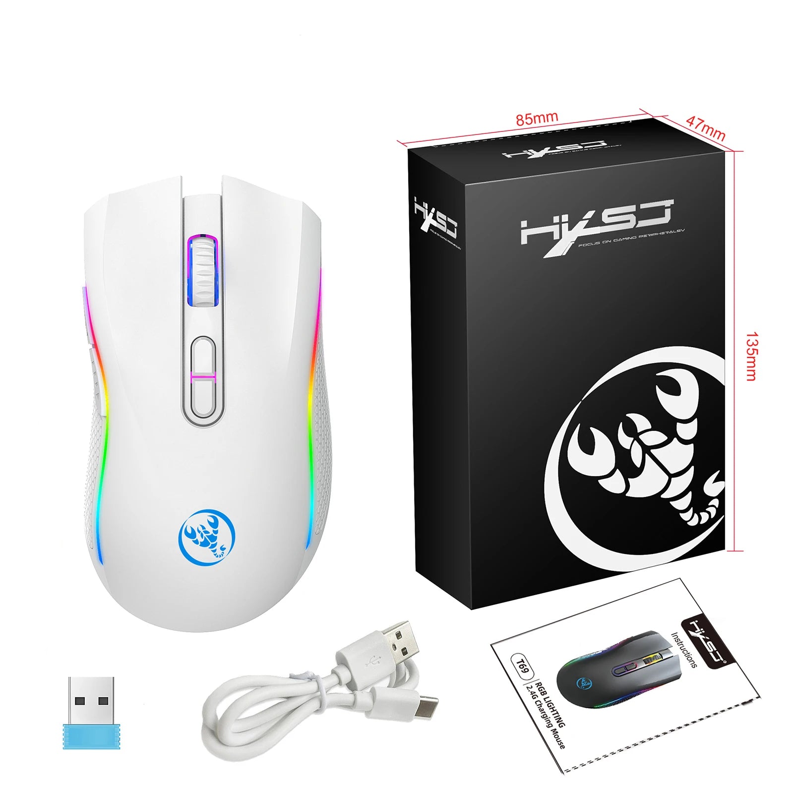 T69 2.4G Wireless Mechanical Mouse RGB Gaming Mouse Ergonomic 7 Programmable Buttons 4800DPI Mouse for Office Gamer