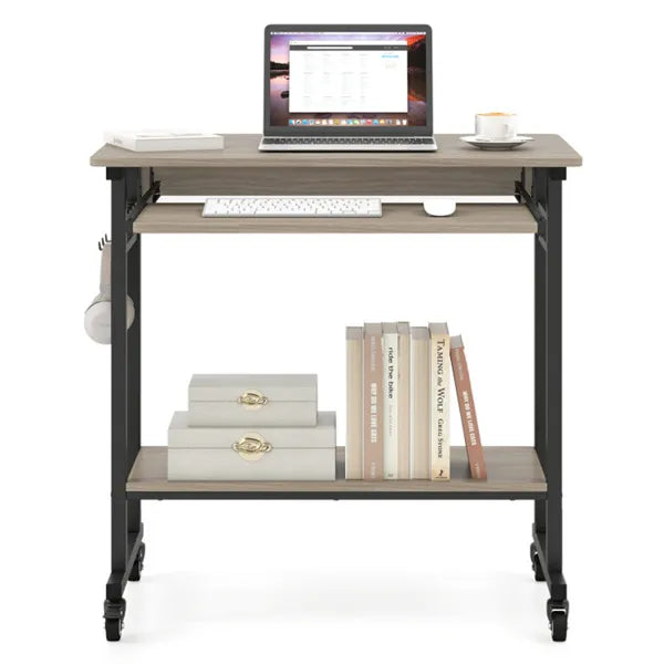 Gray Mobile Computer Desk With Keyboard Tray & Storage Shelf, 360 Lockable Casters For Home Office
