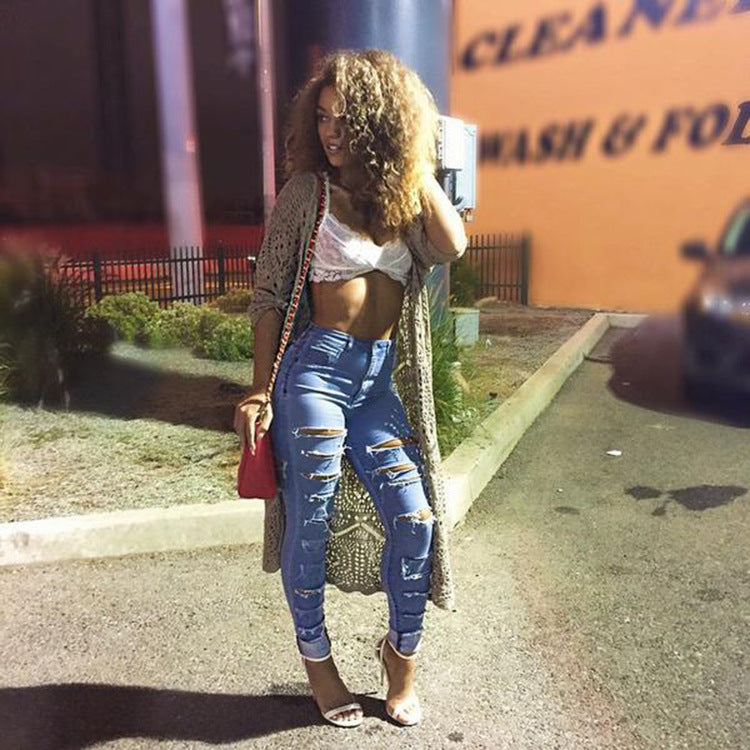 AliExpress Hot Selling Jeans Amazon Ripped Stretch Cotton European and American Jeans Foreign Trade Women's Pants Factory Outlet
