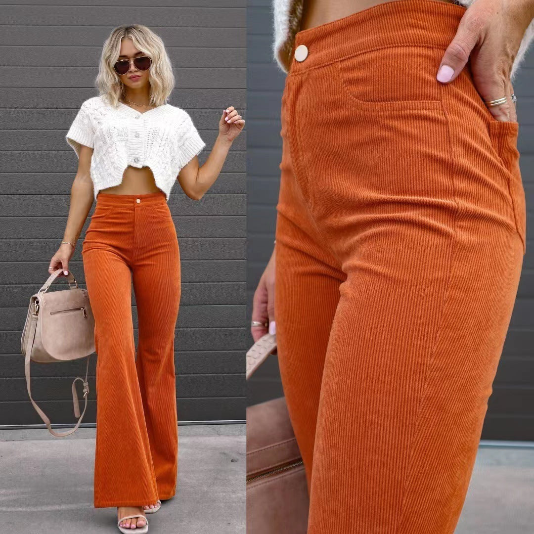 Women Corduroy Flared Pants Mid-Waist Slim Fit Bell-Bottom Trousers