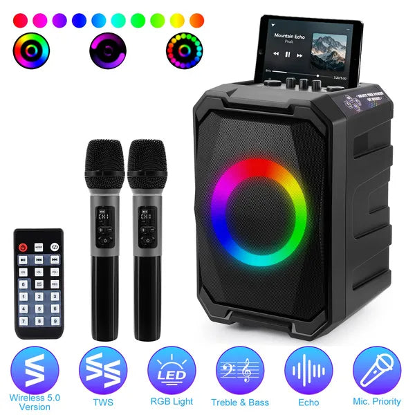 Portable Wireless Party Speaker With LED Light & 2 Wireless Mics - Remote Control