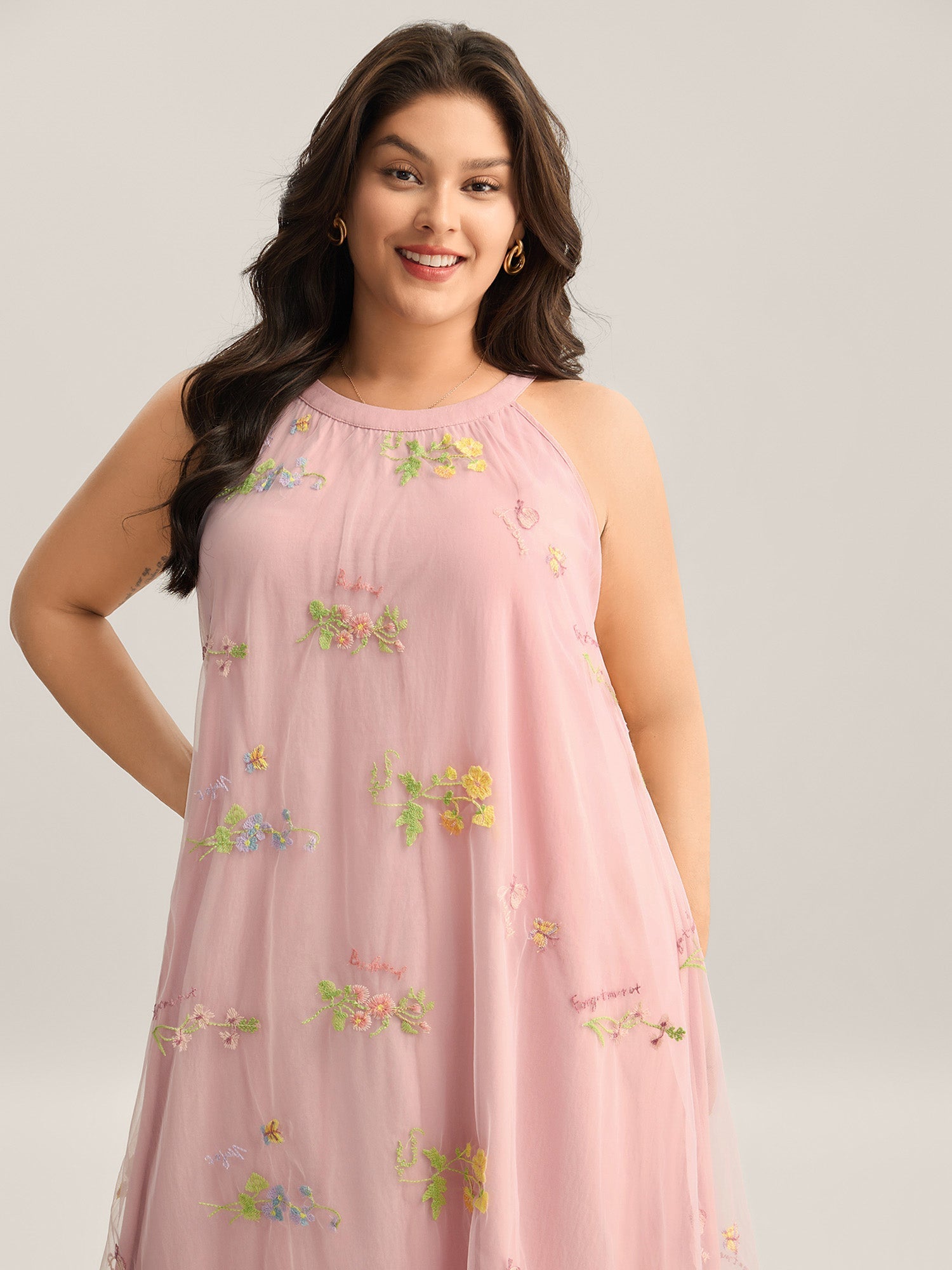 Embroidered Mesh Halter Neck Midi Dress