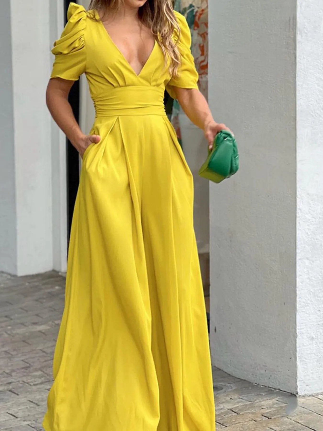 Full Size Cutout V-Neck Puff Sleeve Jumpsuit Plus Size