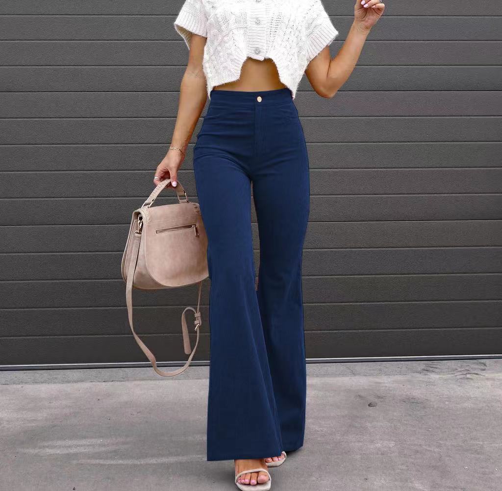 Women Corduroy Flared Pants Mid-Waist Slim Fit Bell-Bottom Trousers