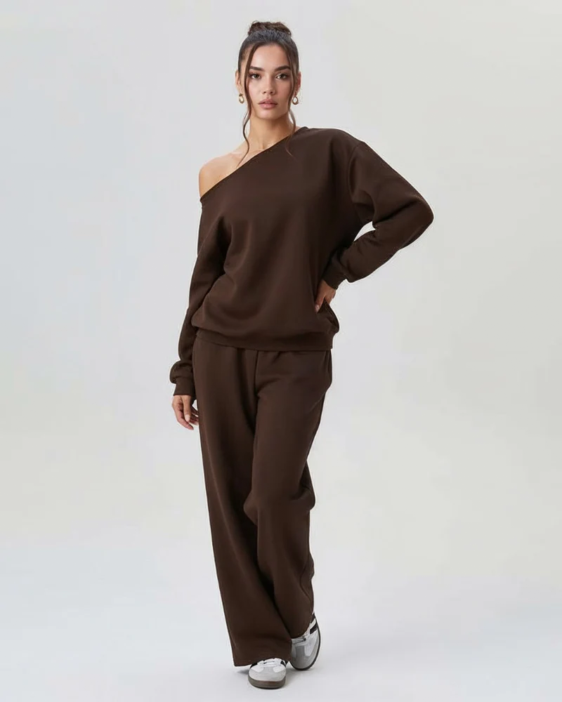 Women's Sloping Shoulder Long Sleeve Top & Wide Leg Pants Set