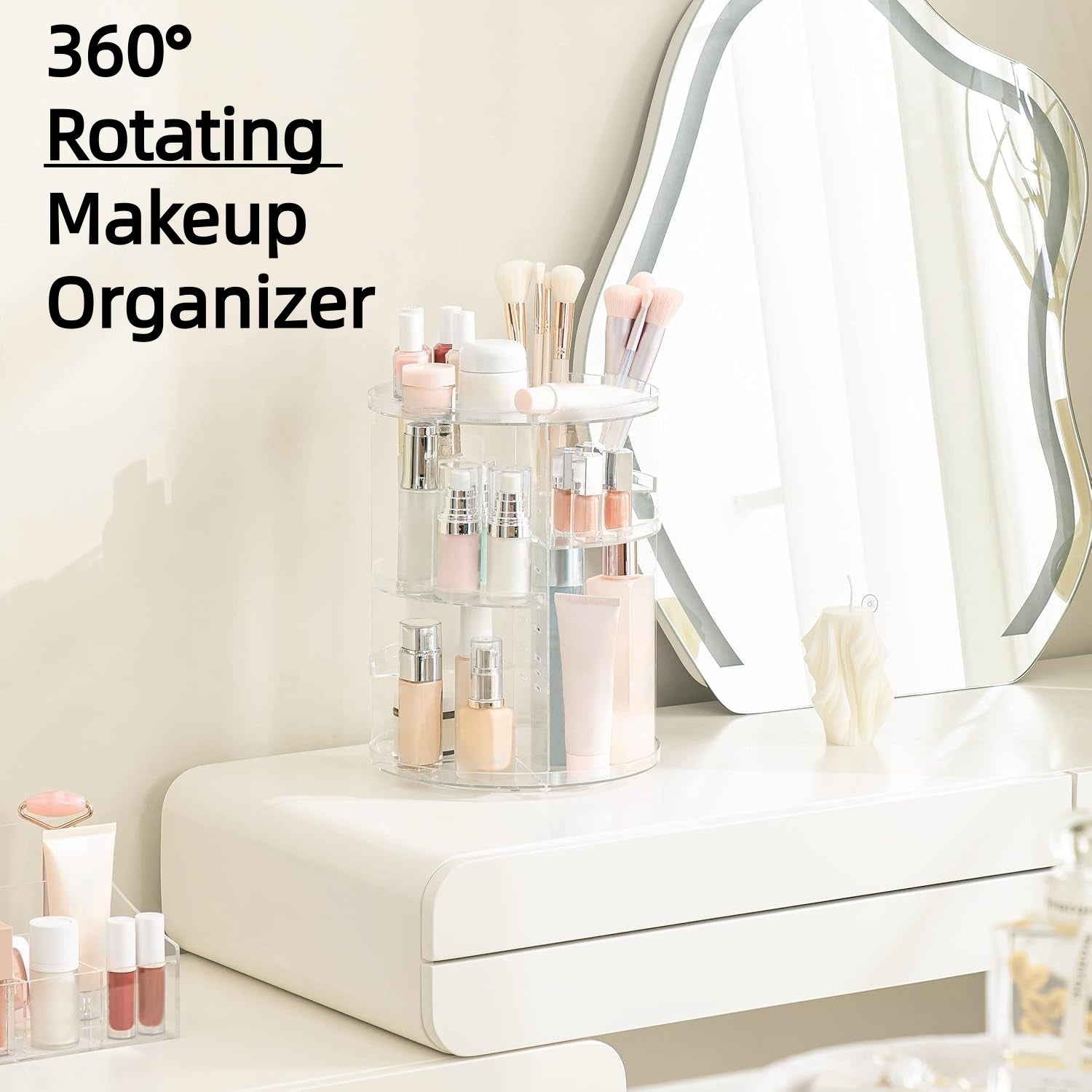 Behome 360 Rotation Makeup Organizer, Adjustable Shelf Height and Fully Rotatable, Cosmetic Holder Shelf, Make Up Organizers and Storage for Bedroom, Transparent