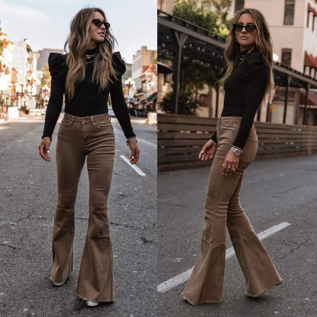 Women Corduroy Flared Pants Mid-Waist Slim Fit Bell-Bottom Trousers