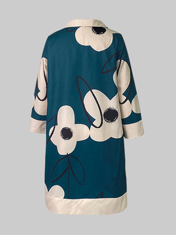 A-Line Loose Buttoned Flower Print Stand Collar Mini Dresses