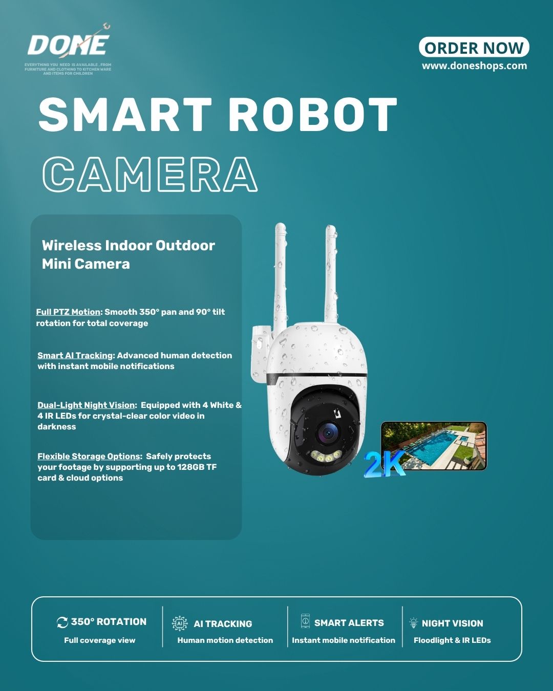 3MP PTZ Wireless Indoor Outdoor Mini Camera CCTV Network Security System Wifi Camera