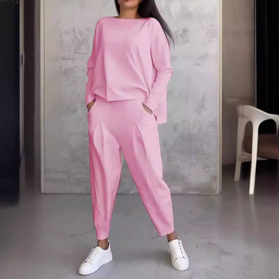 Women's Solid Color Casual Tappered Round Neck Long Sleeve Two Pieces